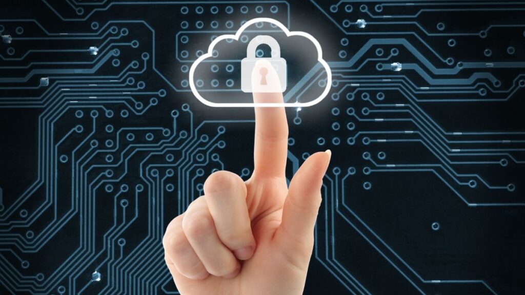 woman's hand pressing lit up symbol of a cloud and a padlock