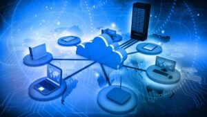 3d cloud logo with virtual desktops surrounding it