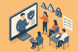 Illustration of cyber security awareness training with presenter on screen, team members, checklist and security icons