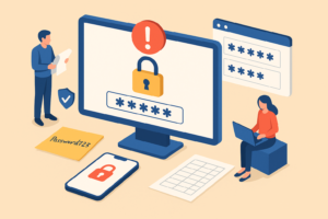 Illustration of password security with login screen, padlock, warning icon, mobile protection and weak password note