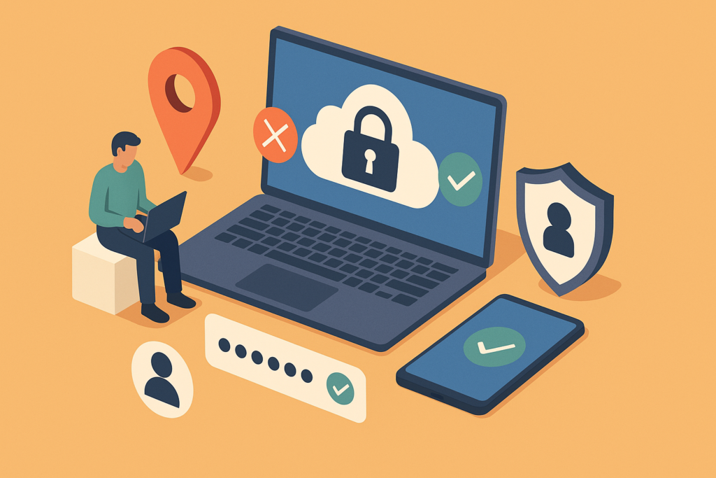 Illustration of secure cloud access on a laptop, with login, mobile verification, location pin and user security icons