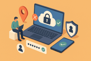 Illustration of secure cloud access on a laptop, with login, mobile verification, location pin and user security icons