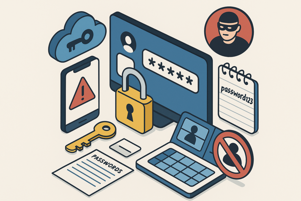 Illustration of password security risks with login screen, padlock, warning alert, stolen password note and hacker icon