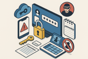 Illustration of password security risks with login screen, padlock, warning alert, stolen password note and hacker icon