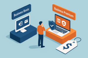 Illustration comparing Microsoft 365 Business Basic and Business Premium, with security icons and pricing tag