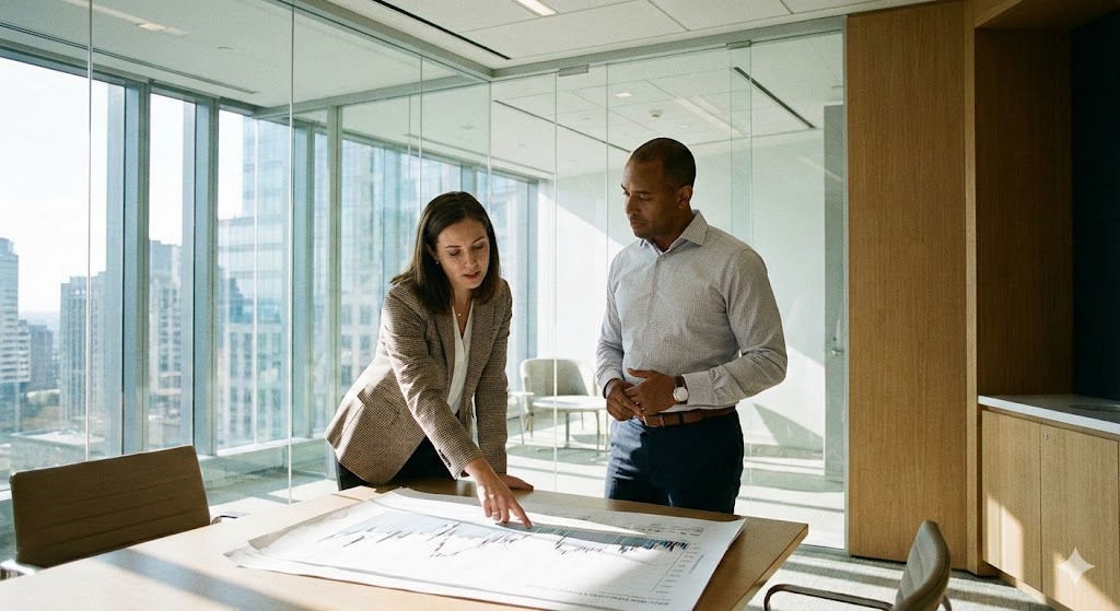 two professionals reviewing printed charts (text not readable) on a table in a modern conference room. One pointing, the other listening attentively. Bright daylight, glass walls, clean office design.