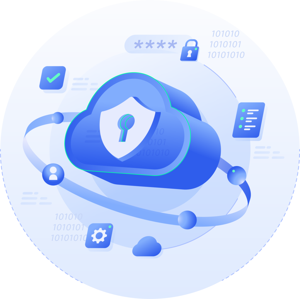 blue cloud with keyhole surrounded by IT icons